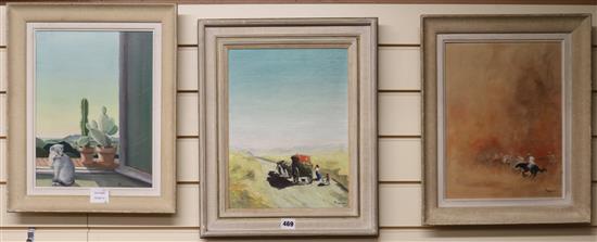 Franconi Cat and cacti on a window sill; Arabian riders and cart on a track 35 x 26cm